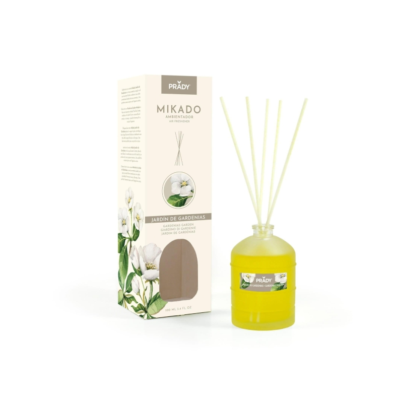 Diffuseur de roseaux Prady Gardenia Garden - Flacon en verre de 100 ml et bâtonnets diffuseurs
