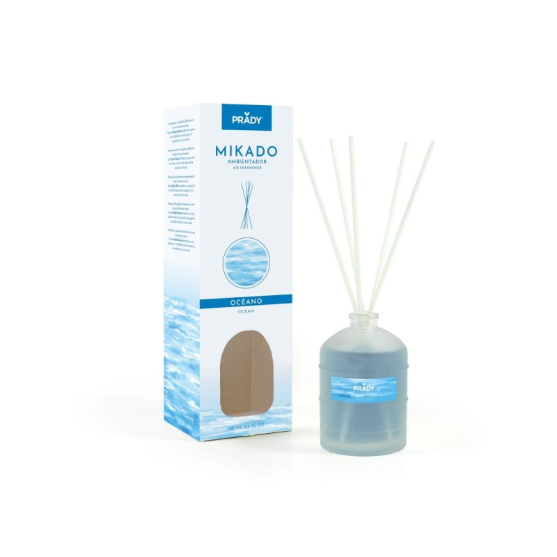 Désodorisant Prady Ocean Mikado - Flacon en verre de 100 ml et bâtonnets diffuseurs