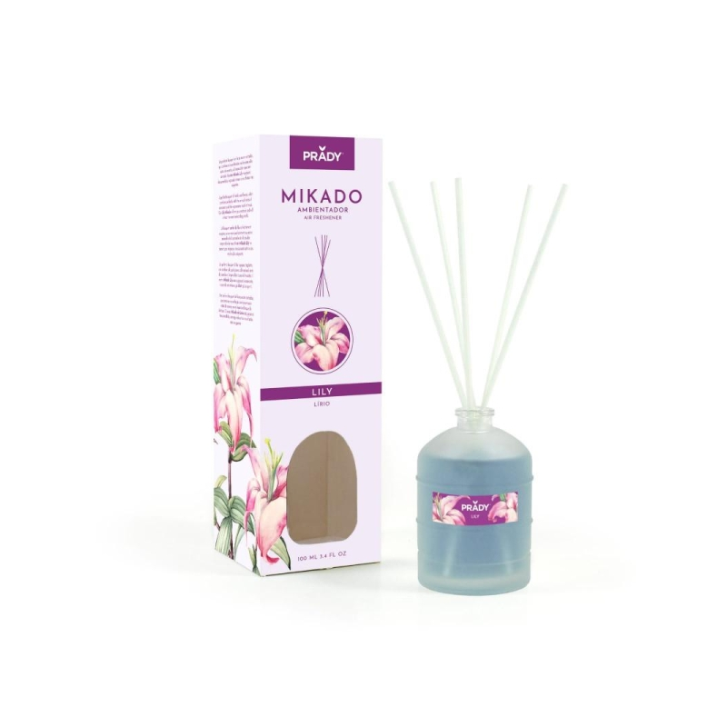 Désodorisant Prady Lily Mikado - Flacon en verre de 100 ml et bâtonnets diffuseurs