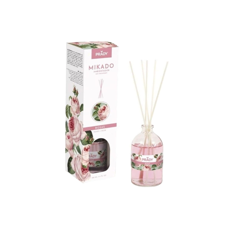 Désodorisant Prady Mikado Rose - Flacon en verre de 100 ml et bâtonnets diffuseurs
