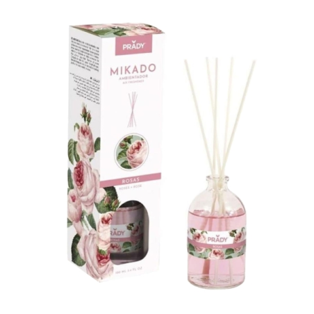 Désodorisant Prady Mikado Rose - Flacon en verre de 100 ml et bâtonnets diffuseurs