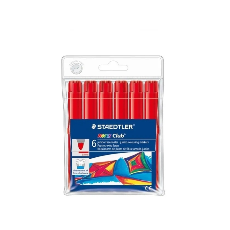 Marqueurs Staedtler Noris Jumbo 340, lot de 6 - Pointe fibre, trait de 3 mm, capuchon ventilé, rouge