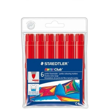 Marqueurs Staedtler Noris Jumbo 340, lot de 6 - Pointe fibre, trait de 3 mm, capuchon ventilé, rouge