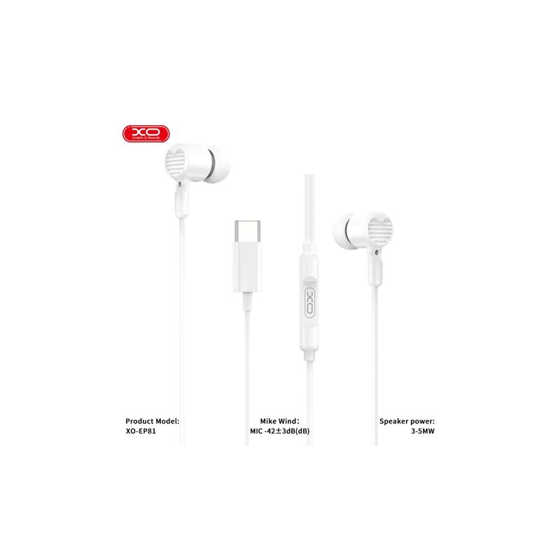 Écouteurs intra-auriculaires XO EP81 avec microphone - Connexion USB-C - Câble de 1,20 m - Couleur blanche