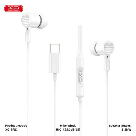 Écouteurs intra-auriculaires XO EP81 avec microphone - Connexion USB-C - Câble de 1,20 m - Couleur blanche