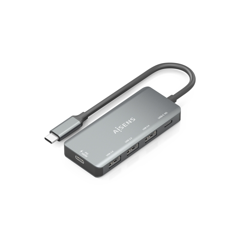 Aisens Hub USB-C 3.1 - USB-C PD 100 W/USB-C/3xUSB-A 2.0 - 15 cm - Couleur Gris