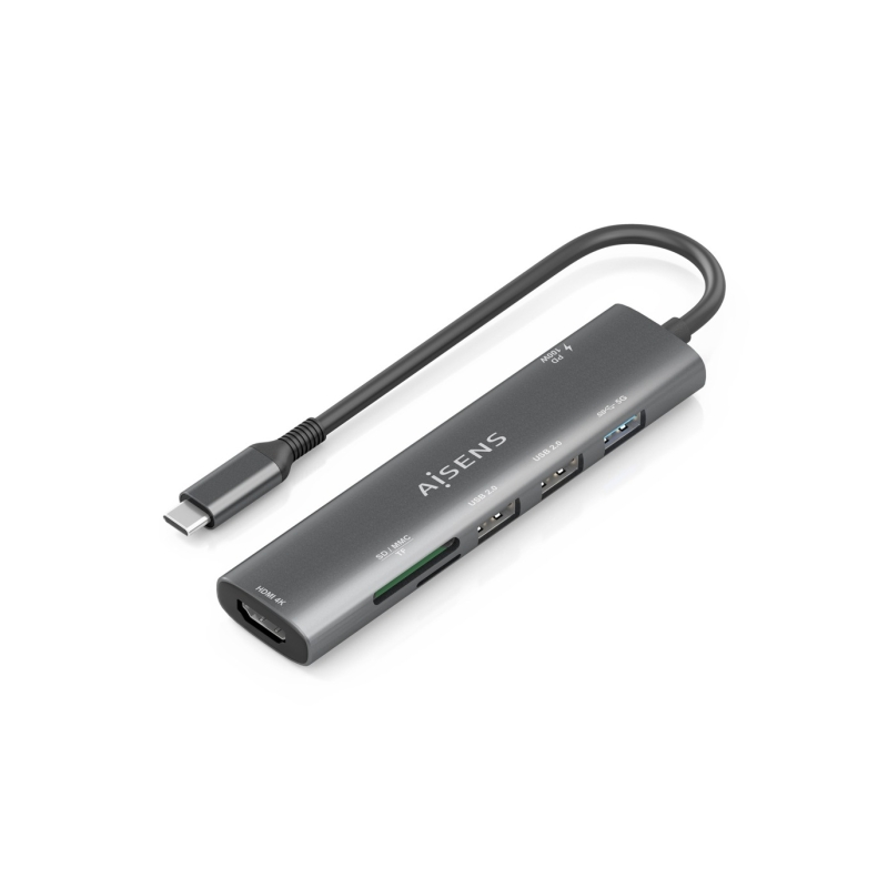Station d'accueil USB-C Aisens 7 en 1 - USB-C vers 1xHDMI - 2xUSB-A 2.0 - 1xUSB-A 3.0 - 1xUSB-C 100W - 1xSD - 1xMicroSD - 15cm