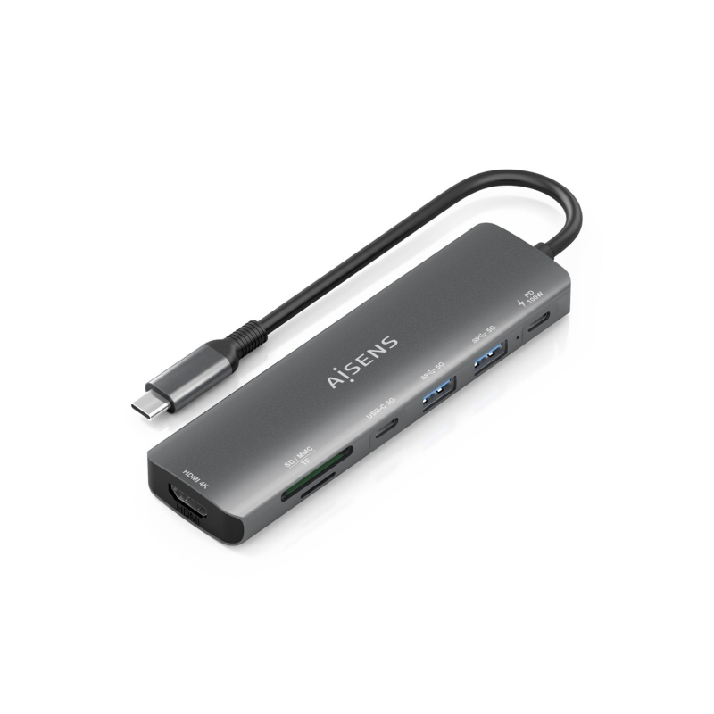 Station d'accueil Aisens USB-C 7 en 1 - USB-C vers 1xHDMI - 2xUSB-A - 1xUSB-C - 1xUSB-C 100W - 1xSD - 1xMicroSD - 15cm