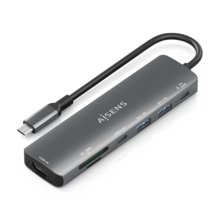 Station d'accueil Aisens USB-C 7 en 1 - USB-C vers 1xHDMI - 2xUSB-A - 1xUSB-C - 1xUSB-C 100W - 1xSD - 1xMicroSD - 15cm