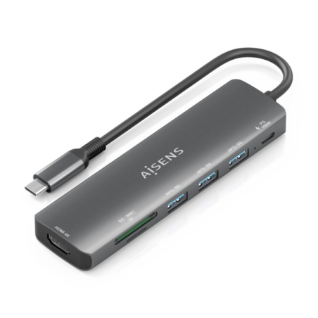 Station d'accueil USB-C Aisens 7 en 1 - USB-C vers 1xHDMI - 3xUSB-A - 1xUSB-C 100W - 1xSD - 1xMicroSD - 15cm - Couleur Gris