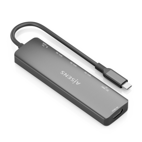 Station d'accueil USB-C Aisens 7 en 1 - USB-C vers 1xHDMI - 3xUSB-A - 1xUSB-C 100W - 1xSD - 1xMicroSD - 15cm - Couleur Gris