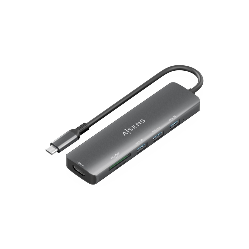 Station d'accueil Aisens USB-C 6 en 1 - USB-C vers 1xHDMI - 3xUSB-A - 1xSD - 1xMicroSD - 15 cm - Couleur Gris