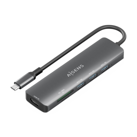 Station d'accueil Aisens USB-C 6 en 1 - USB-C vers 1xHDMI - 3xUSB-A - 1xSD - 1xMicroSD - 15 cm - Couleur Gris