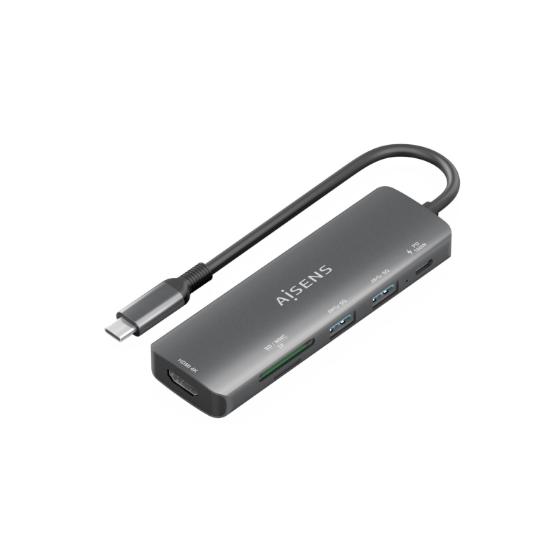 Station d'accueil USB-C Aisens 6 en 1 - USB-C vers 1xHDMI - 2xUSB-A - 1xUSB-C PD 100W - 1xSD - 1xMicroSD - 15cm - Couleur Gris
