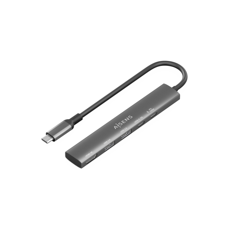 Station d'accueil Aisens USB-C 5 en 1 - USB-C vers 1xHDMI - 2xUSB-A - 1xUSB-C - 1xUSB-C PD 100W - 15cm - Couleur Gris