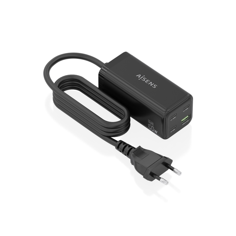 Chargeur Aisens GAN 100 W - 3 ports USB-C PD3.0, QC4.0, QC5.0 - 1 port USB-A QC3.0 - Câble de 1,4 m - Noir