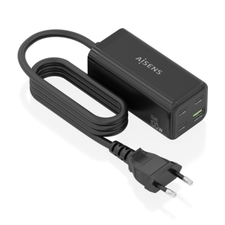 Chargeur Aisens GAN 100 W - 3 ports USB-C PD3.0, QC4.0, QC5.0 - 1 port USB-A QC3.0 - Câble de 1,4 m - Noir