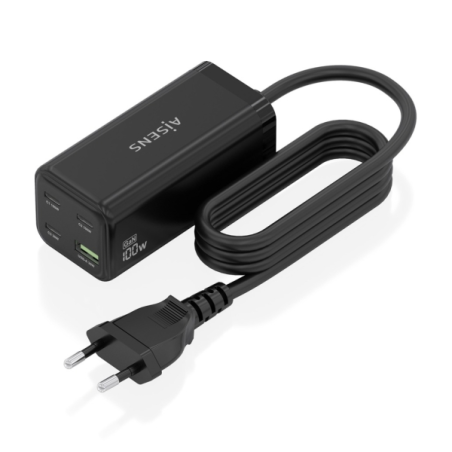 Chargeur Aisens GAN 100 W - 3 ports USB-C PD3.0, QC4.0, QC5.0 - 1 port USB-A QC3.0 - Câble de 1,4 m - Noir