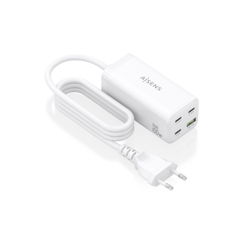 Chargeur Aisens GAN 100 W - 3 ports USB-C PD3.0, QC4.0, QC5.0 - 1 port USB-A QC3.0 - Câble de 1,4 m - Blanc