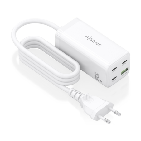 Chargeur Aisens GAN 100 W - 3 ports USB-C PD3.0, QC4.0, QC5.0 - 1 port USB-A QC3.0 - Câble de 1,4 m - Blanc