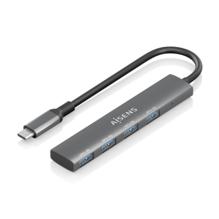 Hub USB-C ultra fin Aisens - 1xUSB3.1 Gen1 + 4xUSB3.0 - Haute vitesse 5 Gbit/s - Alimentation USB-C - Câble 15 cm - Gris
