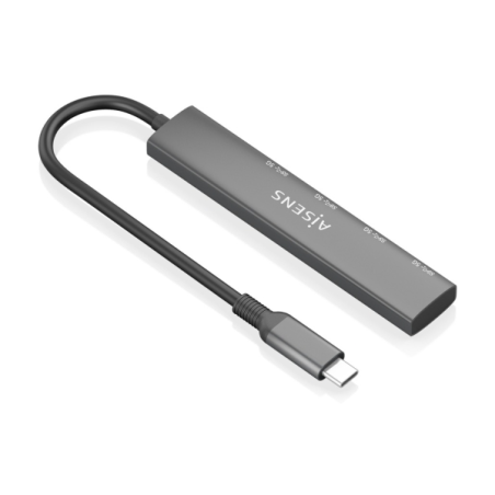 Hub USB-C ultra fin Aisens - 1xUSB3.1 Gen1 + 4xUSB3.0 - Haute vitesse 5 Gbit/s - Alimentation USB-C - Câble 15 cm - Gris