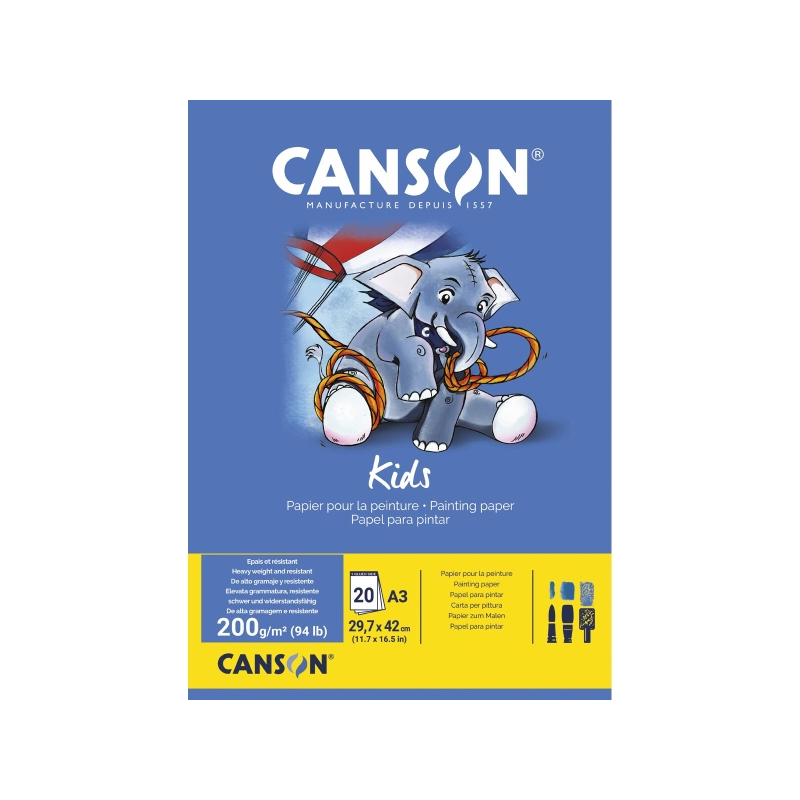 Bloc de peinture Canson Kids A3 20 feuilles 200 g/m² - Grain léger - Certifié FSC - Blanc