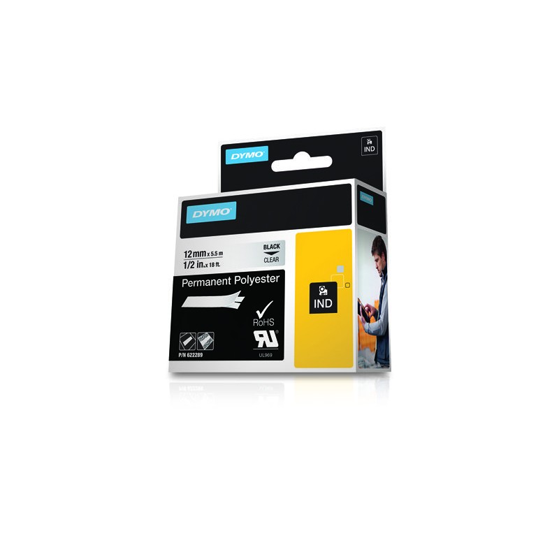 Dymo Rhino ID1-12 Ruban d'étiquettes original pour étiqueteuse - Texte noir sur fond transparent - Largeur 12 mm x 5,5 mètres