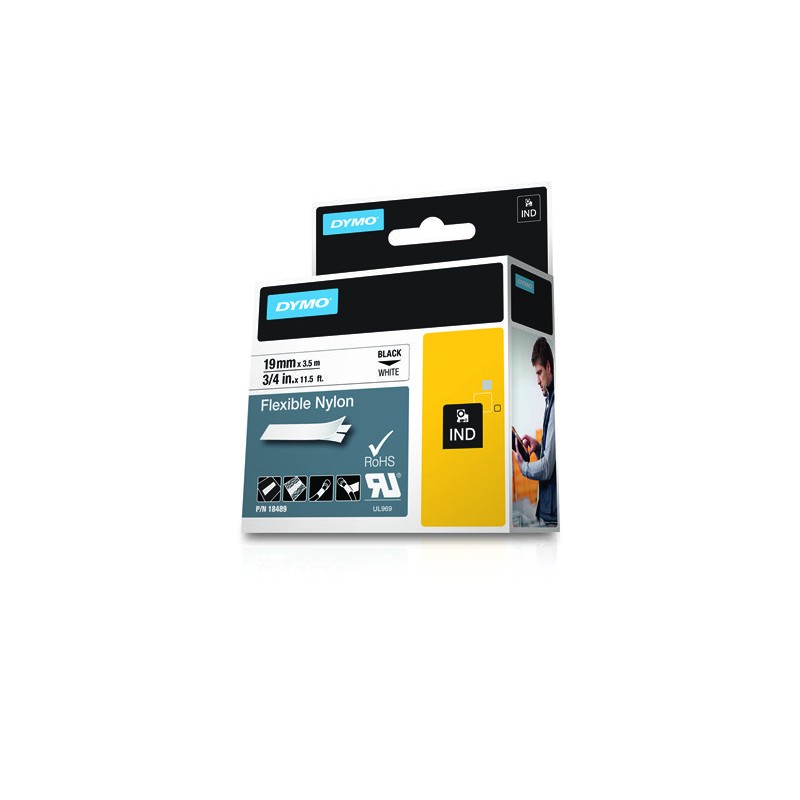 Dymo Rhino ID1-19 Ruban d'étiquettes original pour étiqueteuse - Texte noir sur fond blanc - Largeur 19 mm x 3,5 mètres - 18489