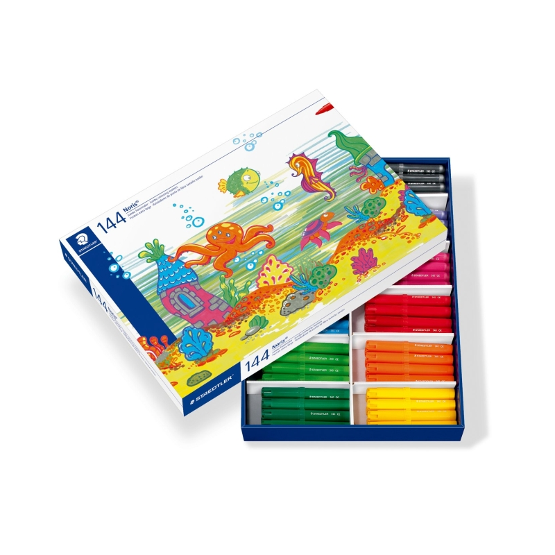Staedtler Noris Jumbo 340, paquet de 144 marqueurs Jumbo - Pointe fibre - Course 3 mm - Capuchon ventilé - Couleurs assorties