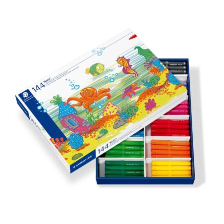 Staedtler Noris Jumbo 340, paquet de 144 marqueurs Jumbo - Pointe fibre - Course 3 mm - Capuchon ventilé - Couleurs assorties