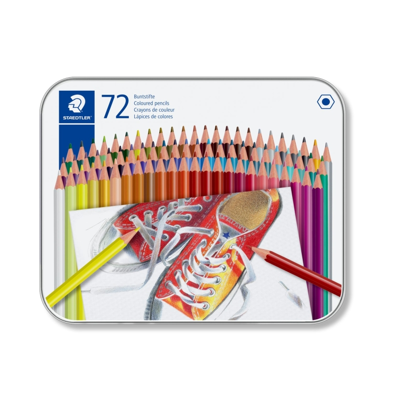 Boîte métallique Staedtler 175 de 72 crayons de couleur hexagonaux - Couleurs assorties