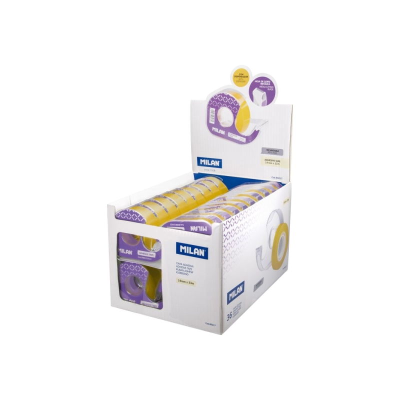 Présentoir Milan de 36 rubans adhésifs transparents avec distributeur - Dimensions : 19 mm x 33 m - Jaune transparent