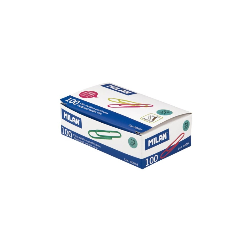 Boîte de 100 pinces métalliques plastifiées Milan 33 mm - Couleurs assorties