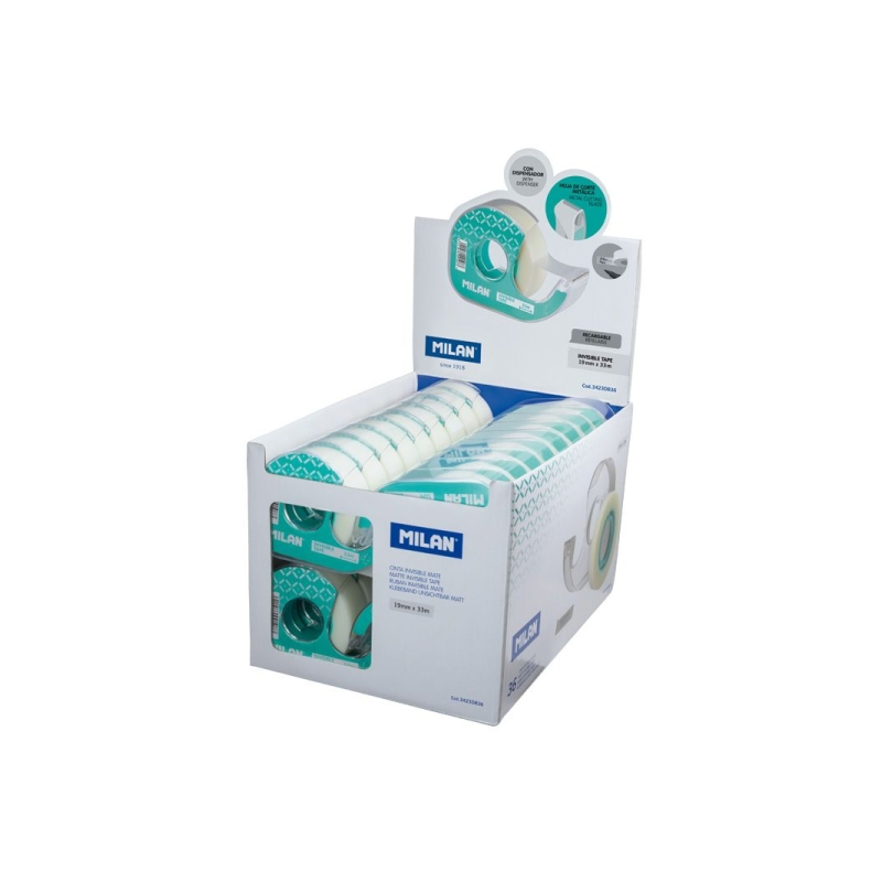 Présentoir Milan de 36 rubans adhésifs invisibles avec distributeur - Dimensions : 19 mm x 33 m - Couleur : transparent mat
