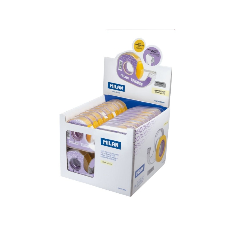 Présentoir Milan de 36 rubans adhésifs transparents avec distributeur - Dimensions : 12 mm x 33 m - Jaune transparent