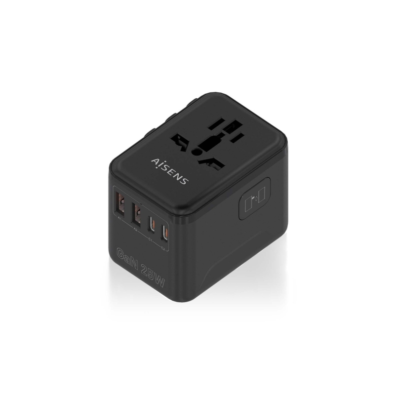 Adaptateur de voyage universel Aisens 25 W GaN - 2 x USB-A QC3.0, 2 x USB-C PD3.0 - Noir