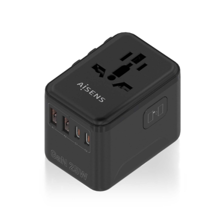 Adaptateur de voyage universel Aisens 25 W GaN - 2 x USB-A QC3.0, 2 x USB-C PD3.0 - Noir