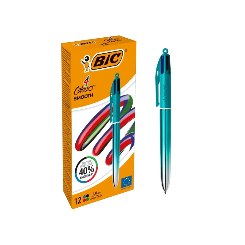 Stylo bille rétractable Bic 4 couleurs vert lisse - Lot de 12