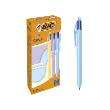 ✅ LOT de 12 Stylo bille rétractable Bic 4 couleurs pastel - Pointe moyenne 1,0 mm - Encre à l'huile - Corps pa en stock