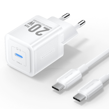Chargeur mural Vention GaN USB-C 20 W - Câble USB-C 1 m - Blanc