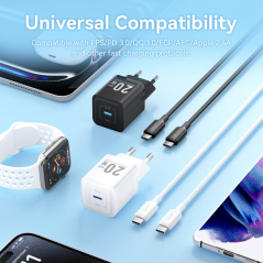 Chargeur mural Vention GaN USB-C 20 W - Câble USB-C 1 m - Blanc