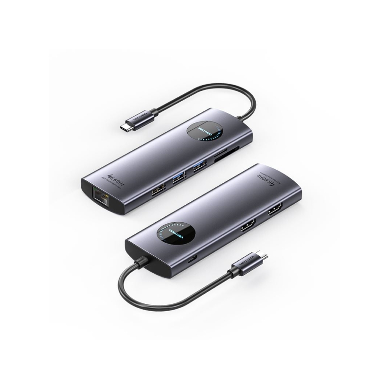 Station d'accueil USB-C Vention 9 en 1 vers 2xHDMI/2xUSB3.0/USB 2.0/RJ45/SD/TF/PD 100 W - 0,15 m - Gris