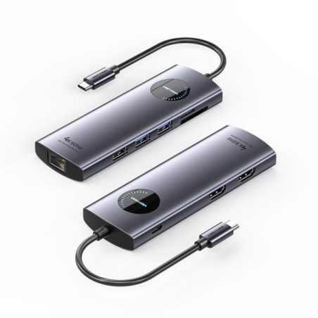 Station d'accueil USB-C Vention 9 en 1 vers 2xHDMI/2xUSB3.0/USB 2.0/RJ45/SD/TF/PD 100 W - 0,15 m - Gris