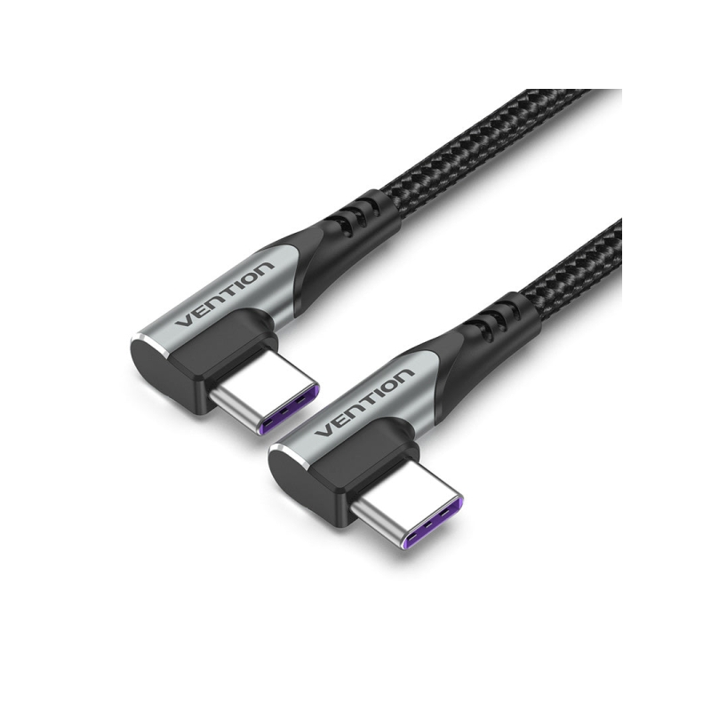 Câble USB-C 2.0 vers USB-C 2.0 Vention 5 A 100 W - 0,5 m - Tressé - Coudé aux deux extrémités - Gris
