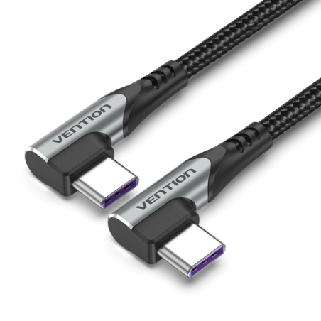 Câble USB-C 2.0 vers USB-C 2.0 Vention 5 A 100 W - 0,5 m - Tressé - Coudé aux deux extrémités - Gris