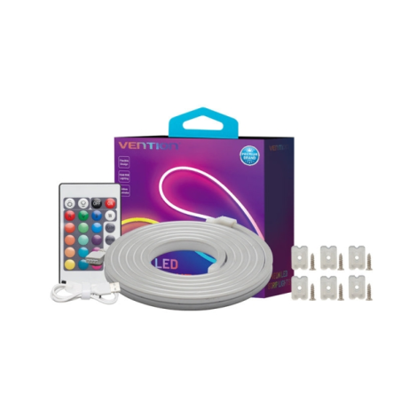 Bande lumineuse LED néon Vention - Silicone - Télécommande - USB 5 V - 5 m - Flexible et durable - Étanchéité IP65