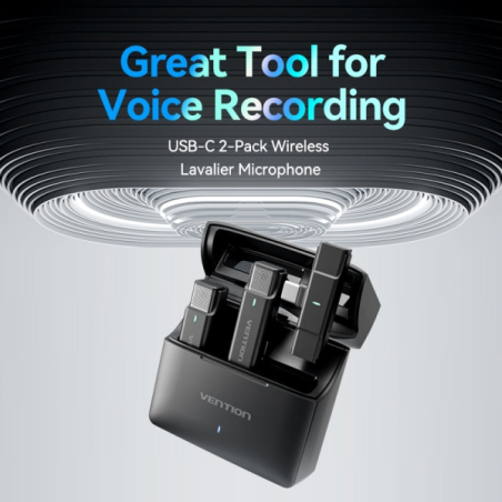 Microphone sans fil Vention Levalier à pince USB-C - Réduction du bruit avancée - Autonomie 30 h - Portée 300 m - Noir
