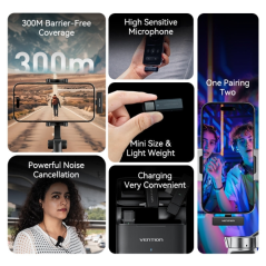 Microphone sans fil Vention Levalier à pince USB-C - Réduction du bruit avancée - Autonomie 30 h - Portée 300 m - Noir