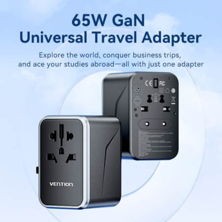 Chargeur de voyage universel Vention GaN - 2xUSB-C, 2xUSB-A - 65 W - Noir